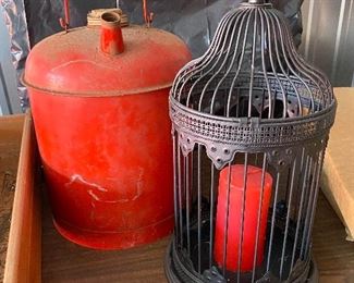 Vintage metal gas can, bird cage lantern