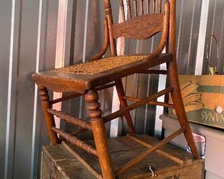 Antique chair; antique Grain Belt "prohibition" Grain Juice crate.
