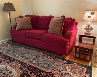 Like New! Lay Z Boy sofa, beautiful cranberry red. lamps and side table.