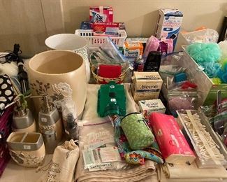 Bathroom full of everyday items, decor items.