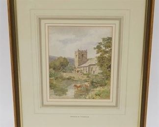 1005 THOMAS N. TYNDALE WATERCOLOR OF COWS IN A STREAM WITH A CASTLE IN THE BACKGROUND. IMAGE IS 5 3/8 IN X 6 1/2 IN. ARTIST INFO ON REVERSE
