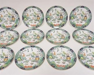 1007	SET OF 12 CROWN STAFFORDSHIRE PLATES WITH ASIAN DESIGN MADE FOR TIFFANY AND COMPANY NEW YORK. 8 3/8 IN
