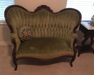 Superb Victorian sette with green crush felt fabric button tufted back $600