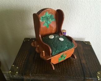 $25. Sweet little Rocking chair sewing caddy with drawer.  vintage at 9 inches tall 8 inches wide 6 inches deep