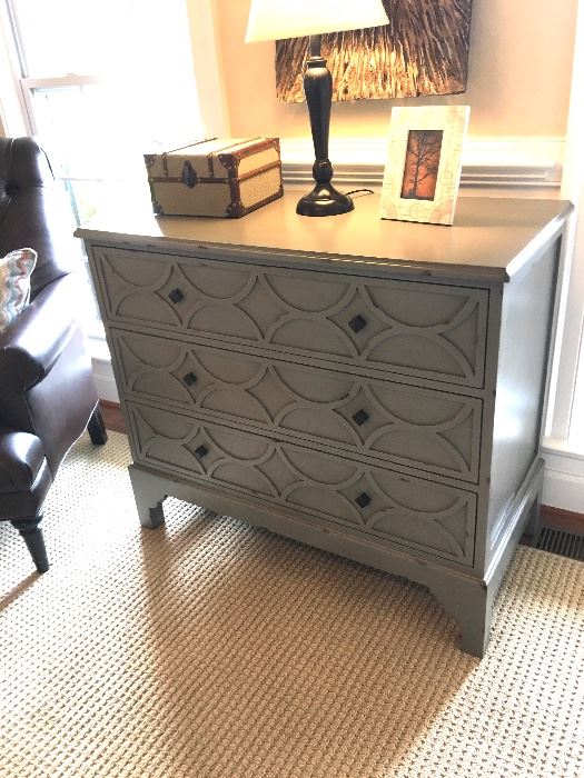 $495 Three-drawer grey wood chest