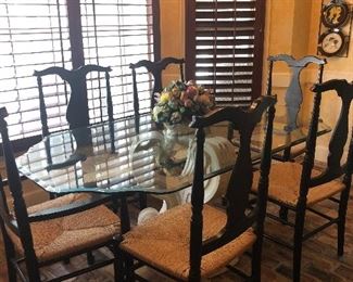 Glass table with concrete pedestal. 6 chairs from Chestnut Hall. Table and chairs sold separately 