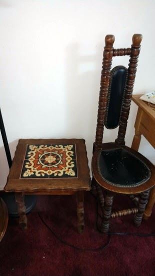Lounge Area Left:  Vintage Tile Small Table, Vintage Prayer Chair