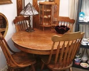 Dining Room:  Fabulous Bradley & Hubbard Table lamp, Great Round Oak Table w/4 Chairs, Small Oak Curved Glass Hutch