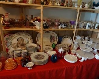 Holiday dishes, Fenton glass, Viking Glass, Norman Rockwell mugs