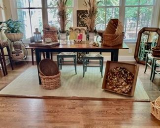 Pine Farm Table, Four Painted Chairs, Four Straw Counter Height Stools, Baskets, Tableware,  Ethan Allen Jute Rug, 8x10, and so many more beautiful accessories!