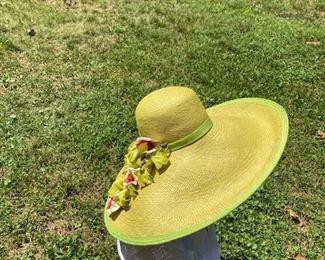 Hat: Kokin large, lime green straw hat with floral accent