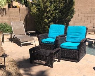 Pr Glider Chairs w Ottoman, Chaise, 2 Side Tables 