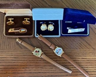 Mickey Mouse Watches, Japanese with Boxes, Vintage Bone Cuff Links