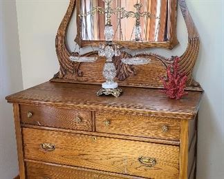 Antique oak dresser and mirror and vintage style candelabra