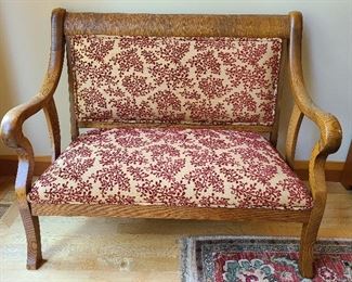 Antique oak settee curved arms extra nice
