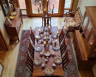 Birds eye view Amish dining suite of 3 pieces and 8 chairs