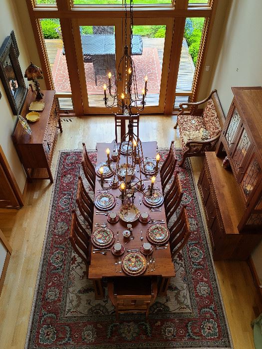 Birds eye view Amish dining suite of 3 pieces and 8 chairs