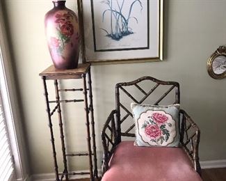 Beautiful bamboo like stand and Chair. Lovely painted vase (small chip) and just a sample of beautiful artwork and needlework throughout house.