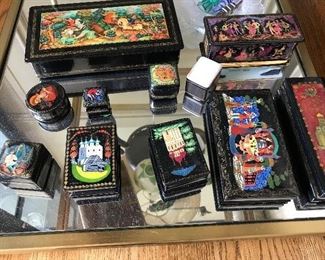 Wonderful black lacquer Boxes of all sizes. Some with hinges and music