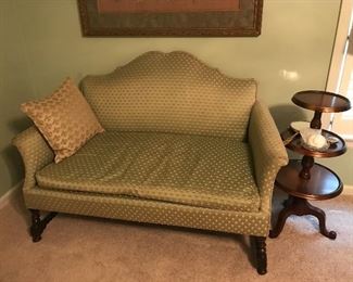 Love this little sofa. Would fit anywhere. The triple tea table with inlay is just beautiful.