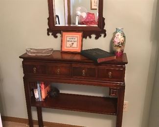 Another little console table with book space. Great mirror for anywhere, but looks great above this little table.
