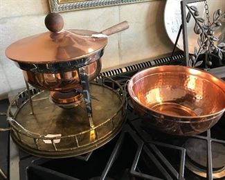 Copper Chafing Dish and hammered bowl. Brass tray