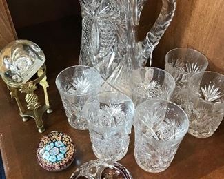 Wonderful pressed glass pitcher and glasses. Millefori Paperweights
