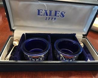 Eales Beautiful Silver and Cobalt Blue sale cellars with sterling silver spoons in original box