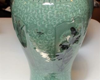 Korean Celadon Pottery Glazed Vase, 17" Tall, Mouth Measures 2.5", 8.5" Round