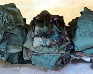 Military Clothing Assortment Including Fatigue Blouses And Trousers, Cold Weather Gear, And More