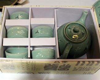 Korean Celadon Pottery Glazed Tea Set With Crane Motif, New In Box