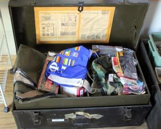 Vintage Military Footlocker Trunk With Tray, Contents Include Patches, Pins, And More