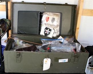 Vintage Military Footlocker Trunk, Contents Include Large Assortment Of Military Patches
