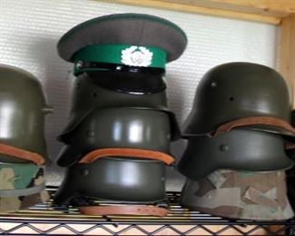 Military Helmet Assortment, Qty 11, And German Uniform Cap