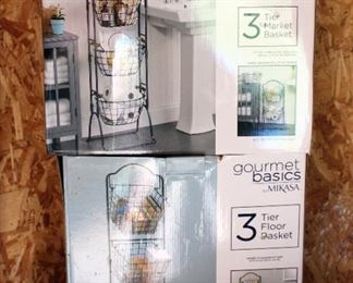 Gourmet Basics 3-Tier Market Basket Stand, 48" x 15.5" x 12", Qty 2 (One With Square Baskets, One With Oval Baskets), New In Box