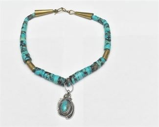104. Turquoise Graduated Ring Bead Necklace with Silver Pendant
