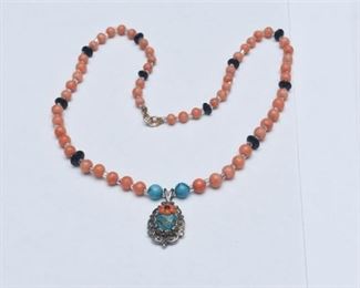 105. UTC Turquoise and Coral Necklace with Pendant