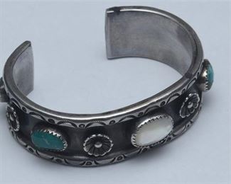 106. American Indian Silver and Gemstone Cuff Bracelet
