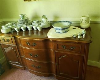 Nice old buffet with flow blule on top and huge set of Nordic Johnson Bros dishes