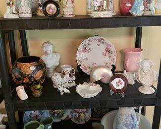 Figurines, vases (some McCoy) ceramic shoe, bowl and pitcher, polished nautilus shell etc etc.