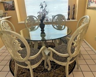 Beautiful Glass Top Dining Table with Wood Base and Six Nice Chairs