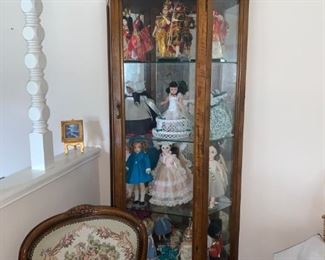 Three Sided Display Cabinet with Fabulous Dolls Including Scarlett and Mammy from Gone With the Wind, Shirley Temple, Travel Dolls and More