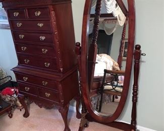 Queen Anne Highboy Chest, Standing Mirror