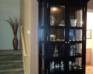 BLACK LIGHTED CURIO CABINET GLASS DOORS AND STORAGE