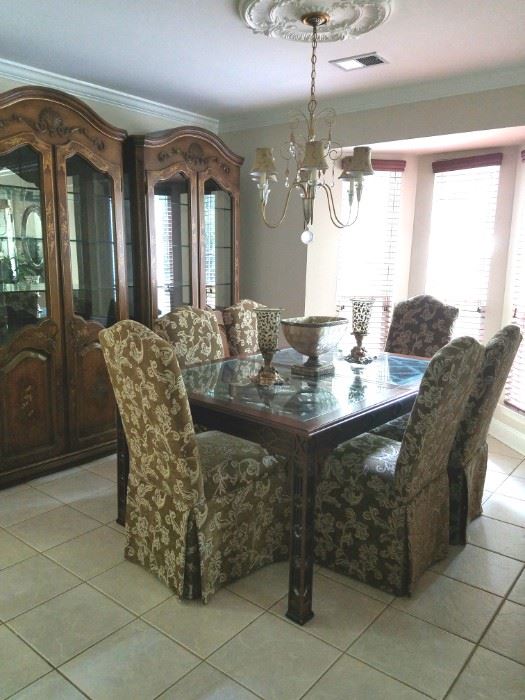 Dining Room Table Chinese Style with glass top and Wide Leaf, Pair of Display Cabinets !!!!!!!!2 DINING ROOM CHAIRS SOLD. SET OF 4 AVAILABLE
