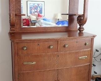 ANTIQUE OAK BUFFET WITH MIRROR AND SHELF, GRAND CARVED DETAILS, AND GREAT STORAGE