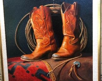 Sue Krzyston oil on canvas still life with cowboy boots.