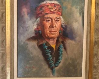 One of two oil on canvas Native American portraits by Claudine Morrow.  