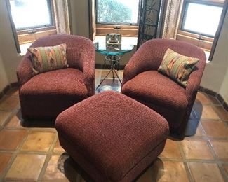 Rocking and Swivel club chairs and ottoman, glass accent table with metal arrow legs.