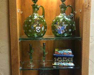 Old Family Crest Green glass decanters, saguaro glass salt and pepper set, Talavera Trinket box, and a Merry Christmas stamp with a burro.